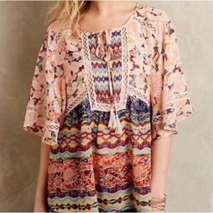 MEADOW RUE Floral Sheer Boho Tassel Flutter Sleeve Top Size S